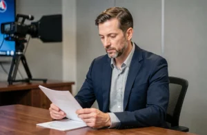 Journaliste professionnel en blazer marine assis à un bureau de plateau télé, prenant des notes avec une expression concentrée et discrète