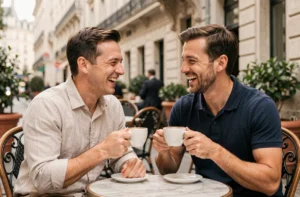 Deux hommes souriants assis en terrasse de café parisien, illustrant la vie de couple de Jules Torres en 2026