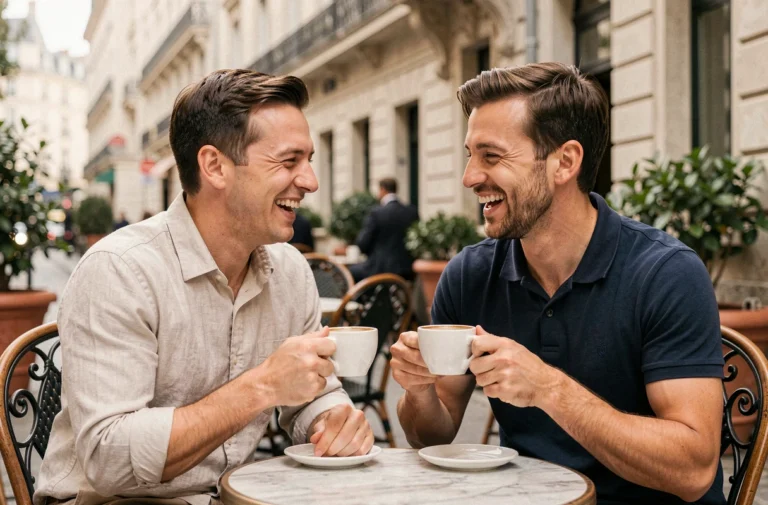 Deux hommes souriants assis en terrasse de café parisien, illustrant la vie de couple de Jules Torres en 2026