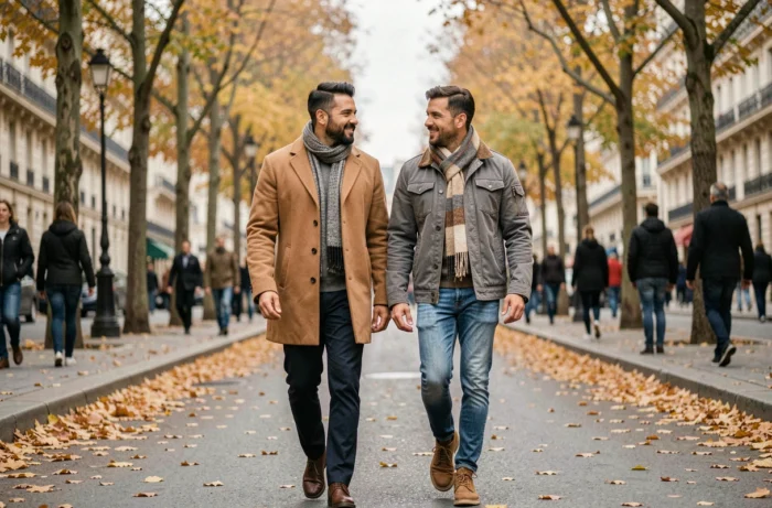 Jules Torres et son compagnon se promenant sur un boulevard parisien en automne, couple complice en 2026
