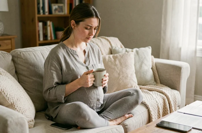 Femme enceinte réfléchissant à la maison sur le canapé, tenant une tasse de tisane, expression préoccupée mais calme