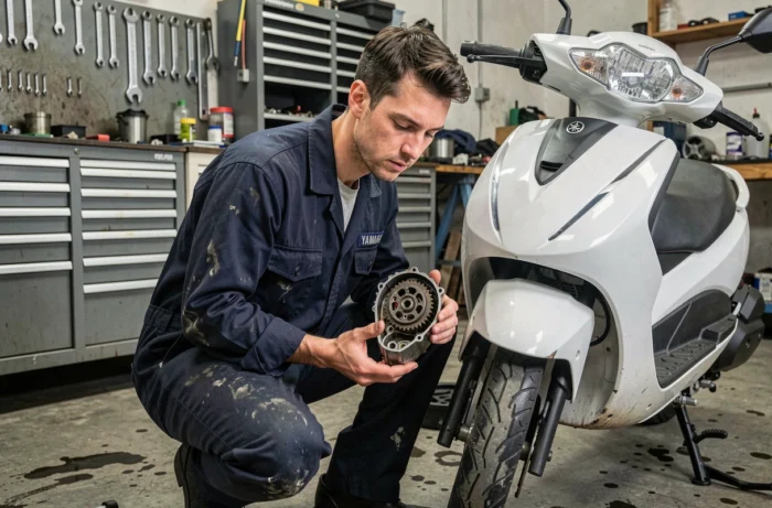 Mécanicien inspectant le variateur d'un scooter Yamaha Xmax 125 dans un atelier mécanique urbain