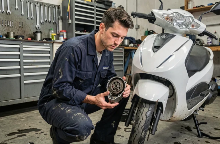 Mécanicien inspectant le variateur d'un scooter Yamaha Xmax 125 dans un atelier mécanique urbain