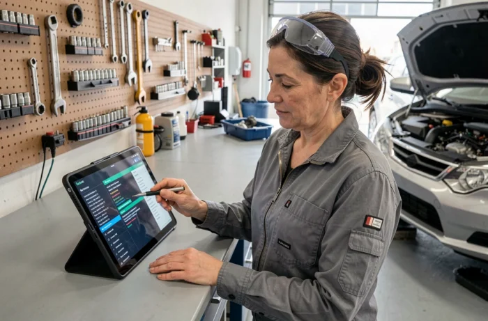 Mécanicienne analysant les codes défauts sur une tablette de diagnostic automobile dans un atelier organisé