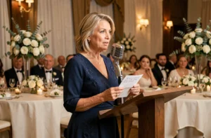 Mère émue prononçant un discours lors du mariage de son fils devant les invités réunis