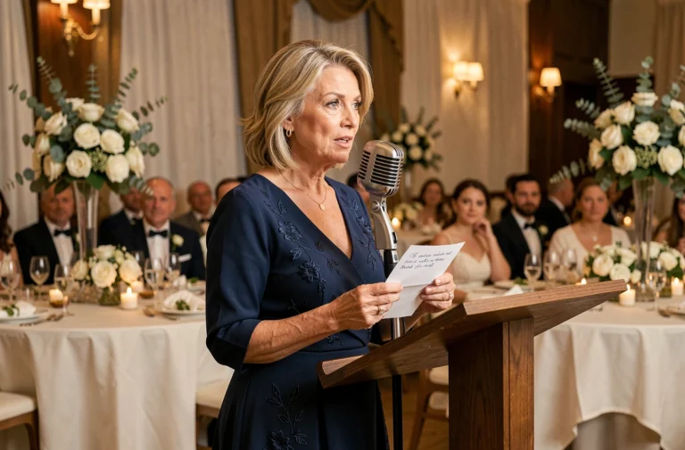 Mère émue prononçant un discours lors du mariage de son fils devant les invités réunis