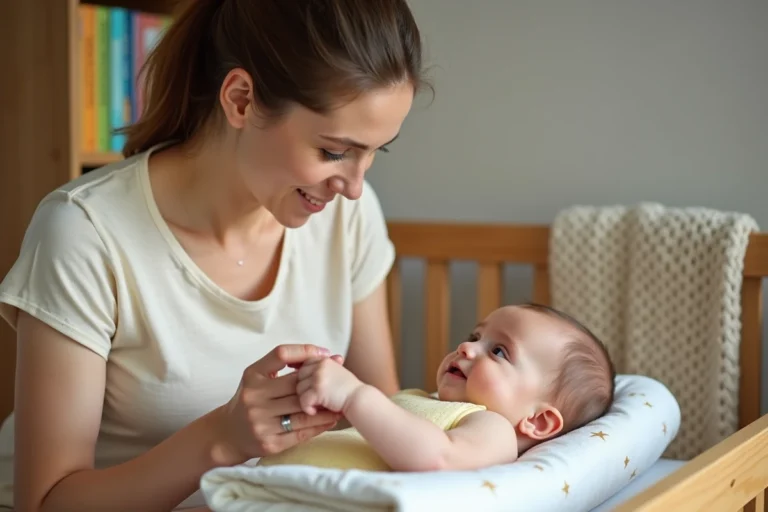 Mère examinant des boutons rouges sur le bras de son bébé dans une chambre d'enfant