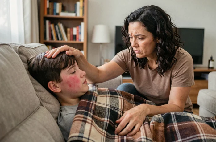Mère vérifiant l'état de santé de son fils adolescent allongé sur le canapé à la maison