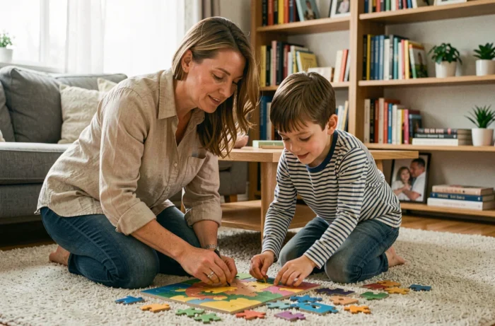 Mère et fils construisant un puzzle ensemble sur le sol du salon dans une atmosphère familiale apaisante