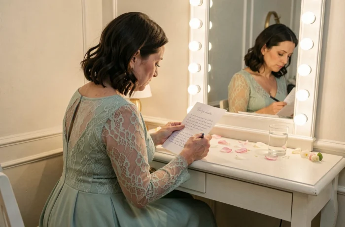 Mère relisant en coulisses le discours qu'elle s'apprête à prononcer au mariage de son fils