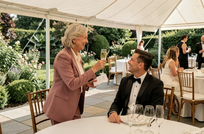 Une mère se lève pour porter un toast et lire son discours lors du mariage de son fils en plein air
