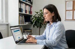 Femme enseignante utilisant la messagerie académique de Lyon sur un ordinateur portable dans un bureau universitaire