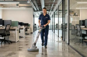Technicienne de nettoyage professionnel utilisant une autolaveuse industrielle dans un couloir de bureaux open space