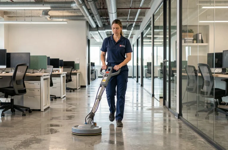 Technicienne de nettoyage professionnel utilisant une autolaveuse industrielle dans un couloir de bureaux open space