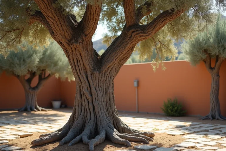 Olivier mourant dans un jardin méditerranéen avec feuilles jaunies et branches desséchées