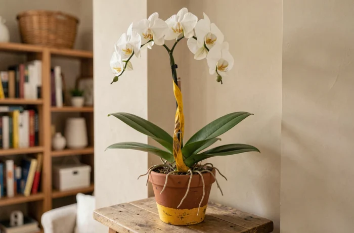 Orchidée Phalaenopsis avec tige jaunissante posée sur une étagère en bois dans un salon intérieur décoré