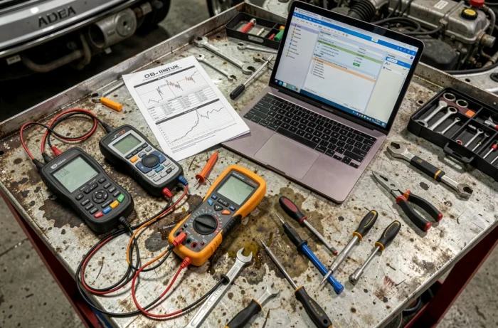 Vue en plongée d'un ensemble d'outils de diagnostic automobile sur un établi d'atelier : scanner OBD, multimètre et logiciel de diagnostic