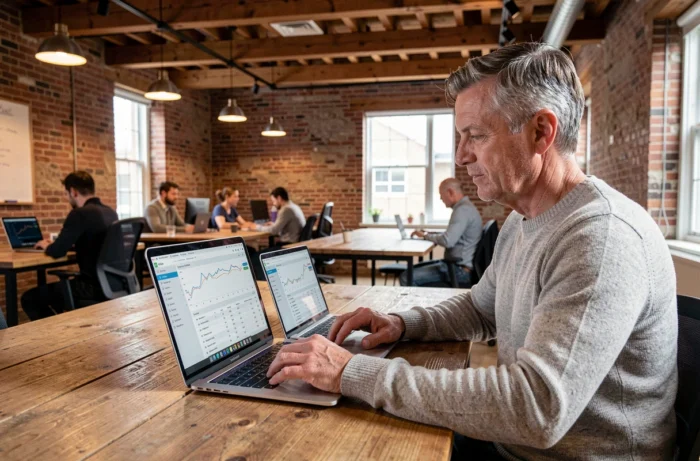 Entrepreneur utilisant simultanément un ordinateur portable et une tablette pour gérer ses finances avec des outils digitaux dans un espace de coworking