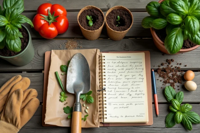 Vue de dessus d'outils de jardinage, semences et carnet de notes pour planifier un potager maison