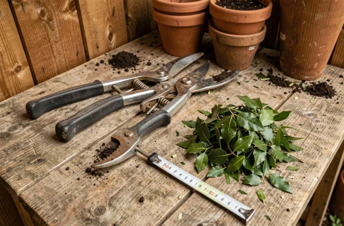 Outils professionnels de taille de haies posés sur un établi en bois avec des chutes de buis