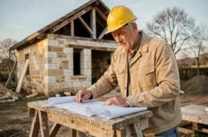 Ouvrier en bâtiment consultant des plans architecturaux sur un chantier de construction de maison en pierre dans le Cher