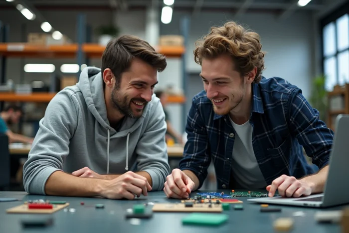 Deux passionnés de technologie travaillant sur un prototype électronique dans un fablab