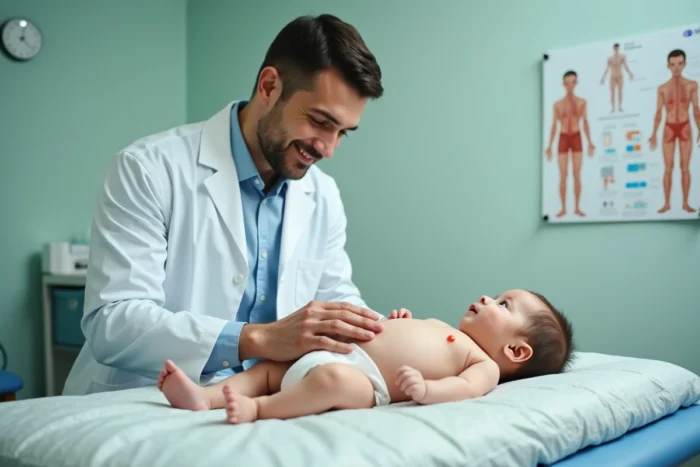 Pédiatre examinant des boutons rouges sur le ventre d'un nourrisson lors d'une consultation médicale