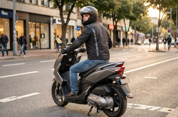 Jeune homme équipé sur un scooter Yamaha Xmax 125 garé en ville prêt à rouler