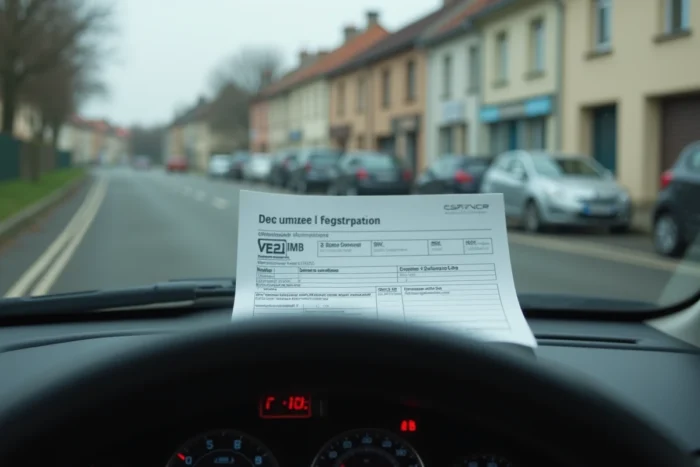 Plaque d'immatriculation étrangère et document de réception à titre isolé visible sur un véhicule importé garé en France