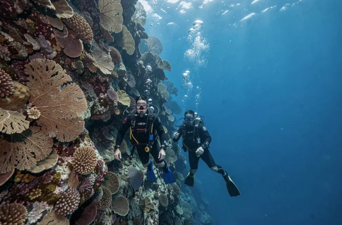 Deux plongeurs en équipement scuba descendant le long d'une paroi rocheuse sous-marine couverte de coraux et gorgones