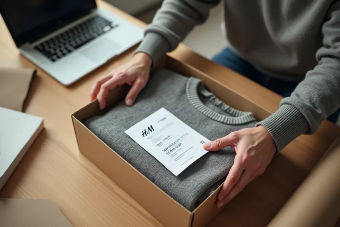 Homme préparant un colis de retour H&M depuis son domicile avec reçu et étiquette de retour