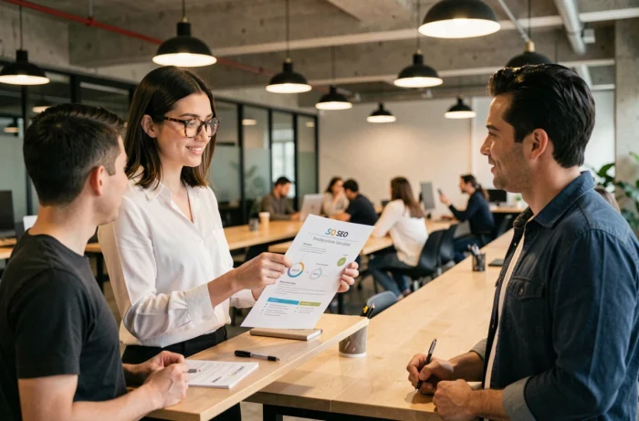 Une professionnelle présentant une stratégie SEO et un rapport de visibilité en ligne à ses collègues dans un espace de coworking