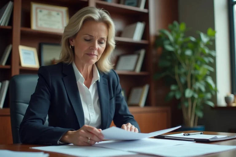Directrice de la SPA assise à son bureau examinant des documents administratifs dans un bureau professionnel