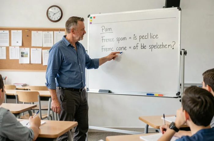 Professeur devant un tableau blanc montrant la différence orthographique entre à tout à l'heure et à toute à l'heure