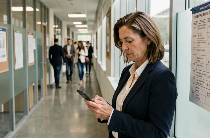 Professeure vérifiant sa messagerie académique de Lyon sur smartphone dans un couloir d'université
