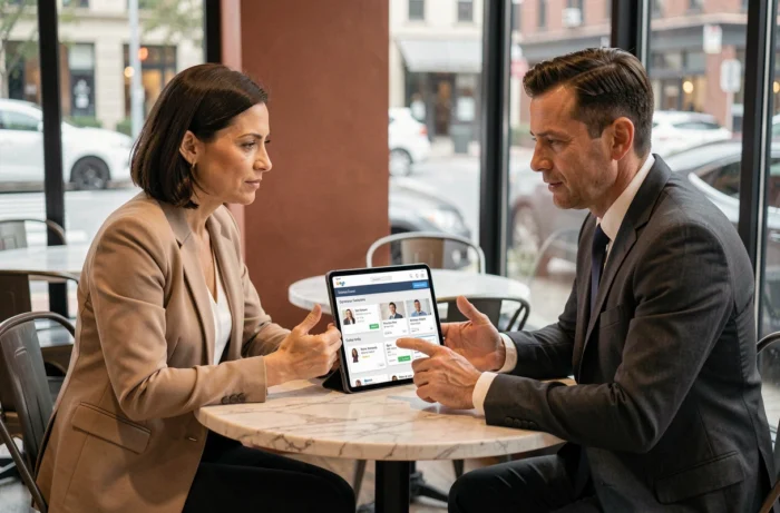 Deux professionnels discutant d'opportunités d'emploi B2B sur une tablette dans un café business contemporain