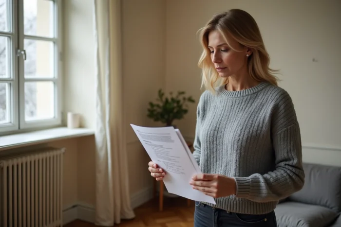 Propriétaire bruxelloise consultant une liste d'entretien de chaudière dans son salon en hiver avec un radiateur en fonte visible en arrière-plan