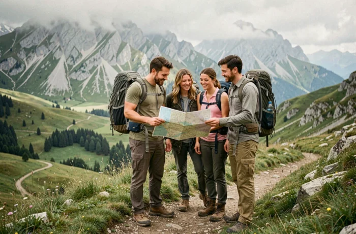 Groupe d'amis adultes en randonnée en montagne consultant une carte lors d'un voyage aventure entre amis