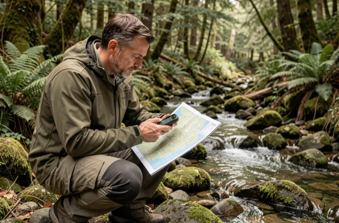 Randonneur lisant une carte topographique et GPS au bord d'un ruisseau en forêt avec équipement de plein air