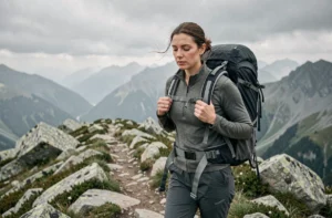 Randonneuse équipée d'un grand sac à dos technique sur un sentier alpin rocheux avec panorama de montagne