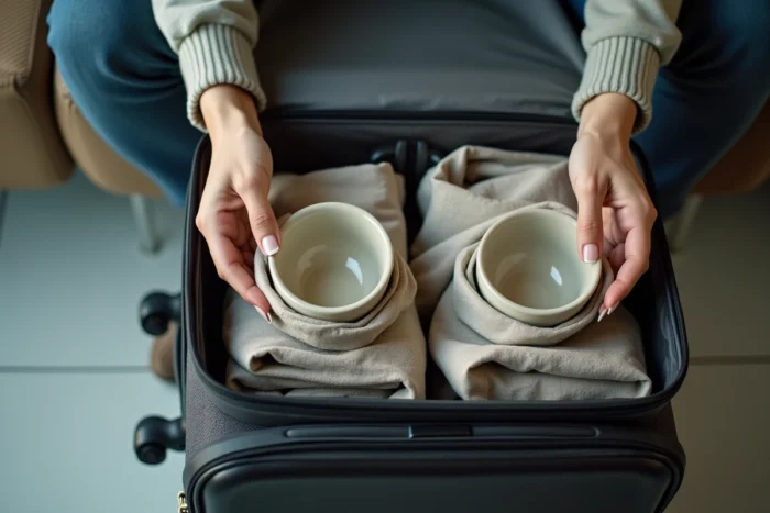Bols en céramique emballés dans des serviettes et rangés dans une valise cabine rigide dans un salon d'aéroport