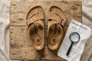 Vue de dessus de sandales Birkenstock authentiques sur une table en bois avec loupe pour authentification