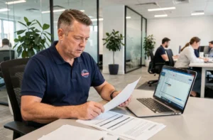 Responsable sécurité en entreprise analysant le taux de fréquence des accidents du travail sur des documents et un ordinateur portable