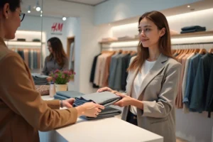 Femme effectuant un retour de vêtement au comptoir service client d'un magasin H&M
