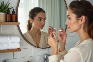 Femme appliquant un sérum visage dans une salle de bain minimaliste avec des produits cosmétiques naturels en verre ambré