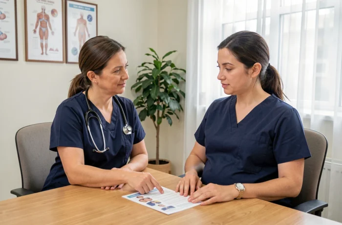 Sage-femme expliquant des informations à une femme enceinte lors d'une consultation prénatale, brochure médicale posée sur le bureau