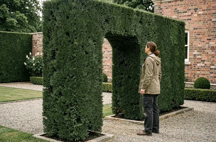 Femme inspectant une haie d'if sculptée en arche dans un jardin formel à l'anglaise