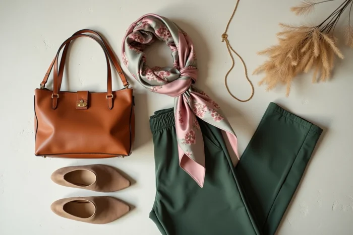Flat lay élégant de sélection shopping mode avec sac en cuir caramel, foulard en soie et mules en daim sur fond béton