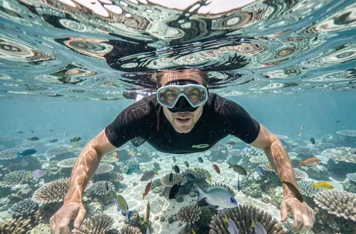 Homme en train de faire du snorkeling en surface au-dessus d'un récif corallien peu profond avec poissons colorés