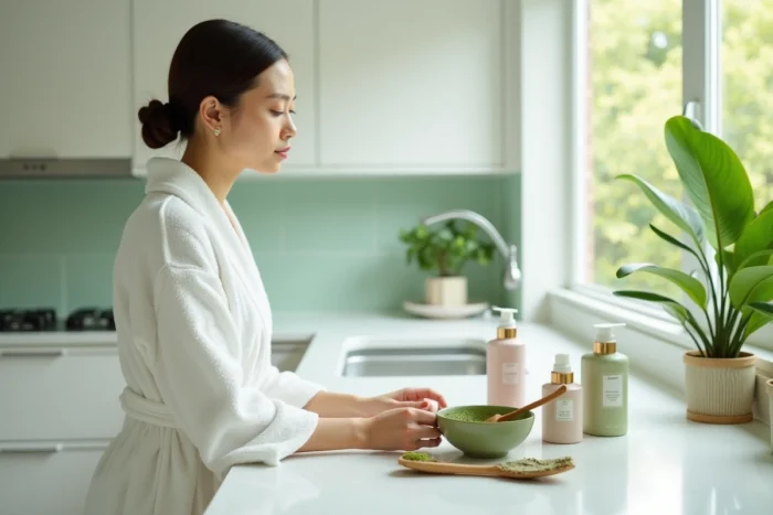 Jeune femme en peignoir préparant un masque visage à l'argile entourée de produits de soin naturels sur un comptoir moderne